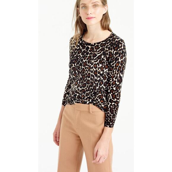 J Crew Leopard Print 100% Merino Wool Sweater Size Small round Neck Stretch - Picture 1 of 7